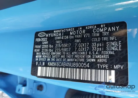 2022 Hyundai Kona Sel z USA, uszkodzony, nr VIN KM8K6CAB4NU890054